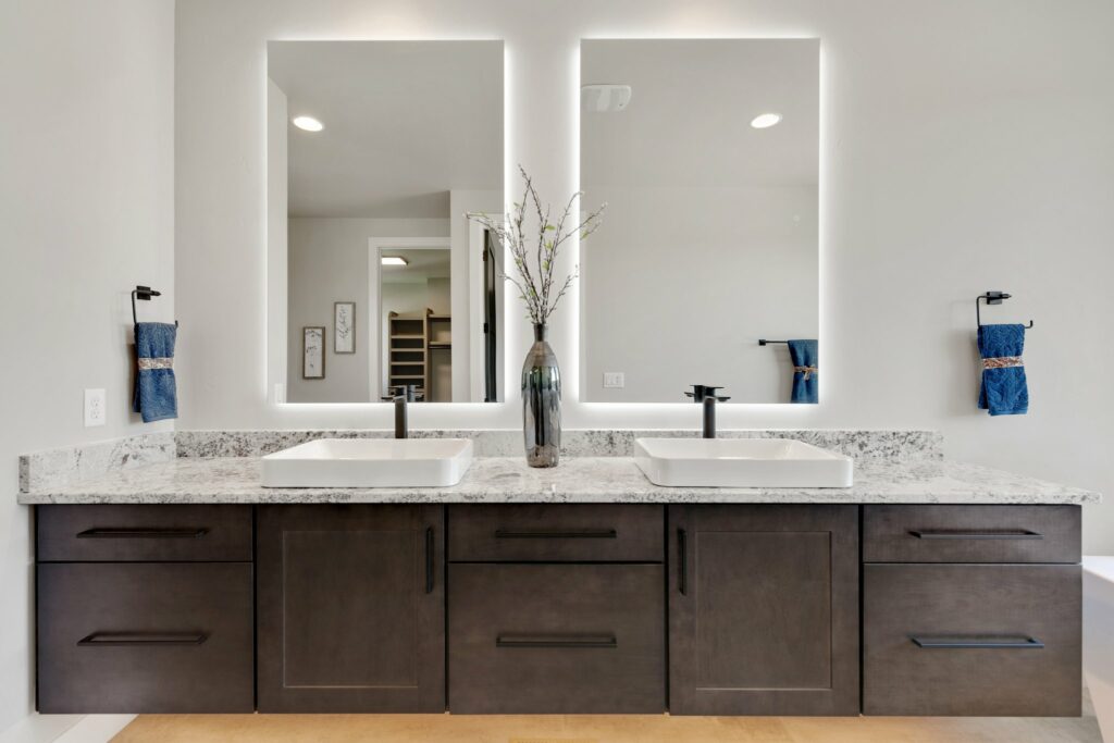 White interior design on washing area, custom bathroom